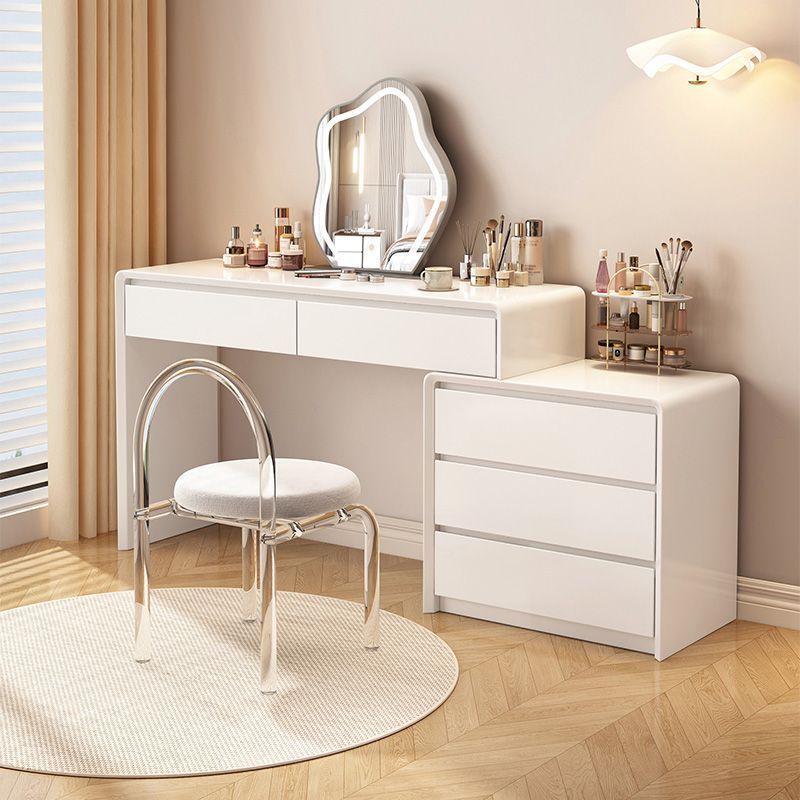 Vanity Desk with Mirror and Lights, Makeup Vanity with Glass Top, Dressing Table with 5 Drawers & Dresser & Jewelry Cabinet, 3 Color Lighting Modes, White