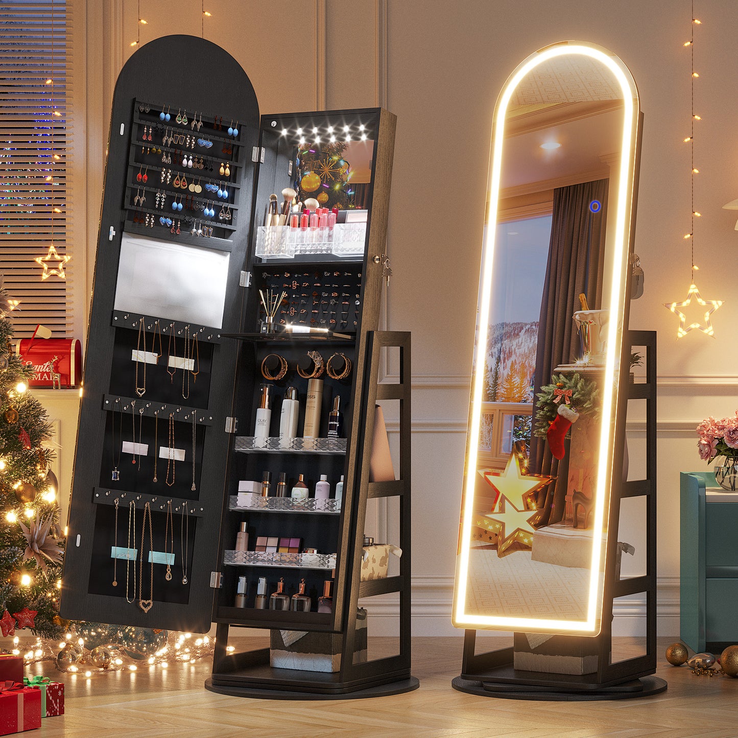 LED Jewelry Organizer with 360° Swivel, Lockable Full-Length Mirror Cabinet - Battery-Powered, Wooden Storage for Jewelry, Watches & Accessories