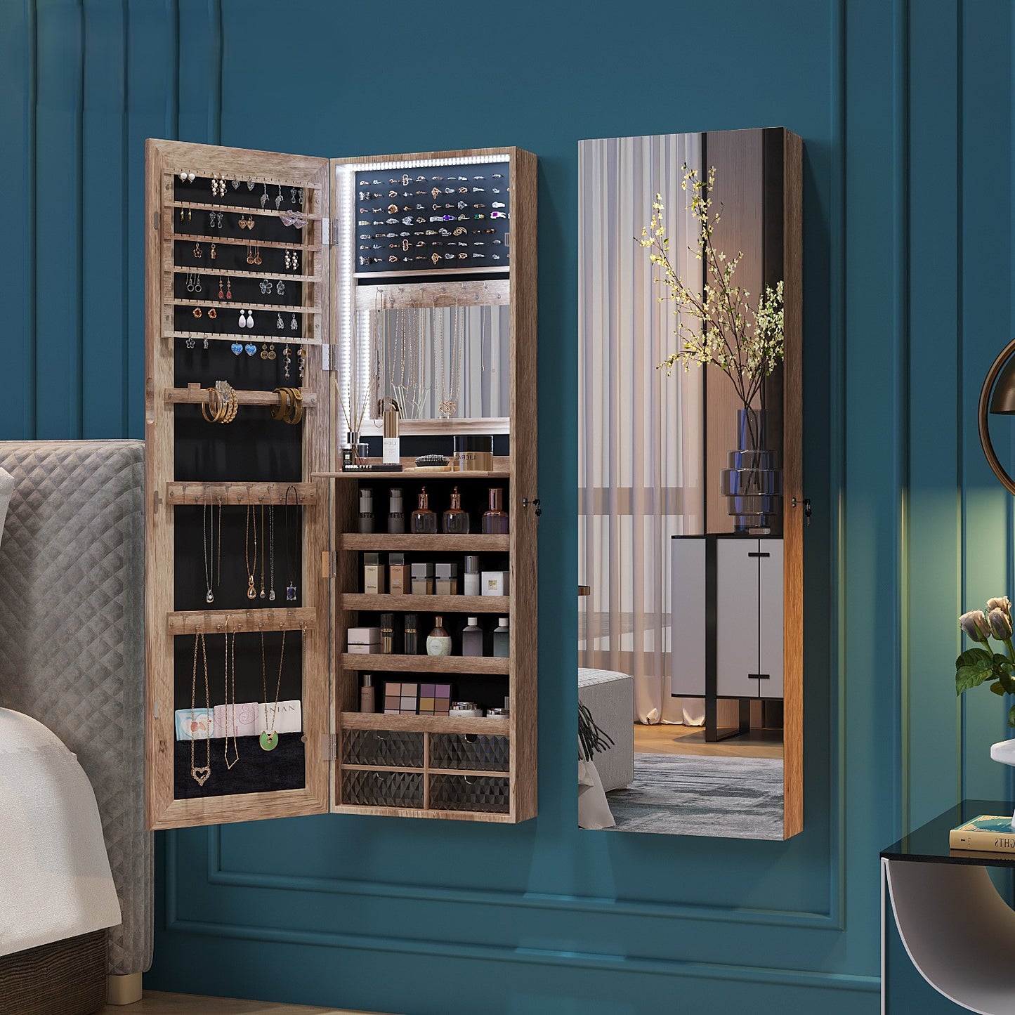 Rustic Wall-Mounted LED Jewelry Armoire with Full-Length Mirror - Large Capacity, Lockable Wooden Organizer for Bedroom & Cloakroom, Battery-Powered, Space-Efficient Storage with Anti-Oxidation Lining, Bedroom Decor