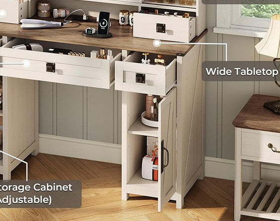 Makeup Vanity Desk With Charging Station White Bedroom Dressing Table With Jewelry Hooks & Open Storage Shelves
