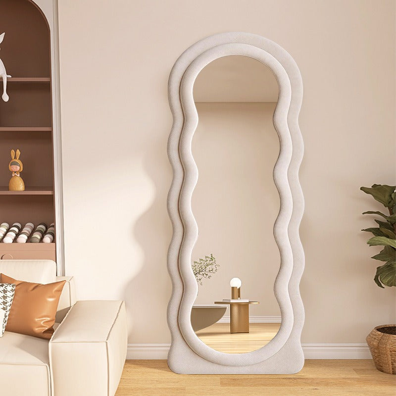 Wavy Flannel Soft Cover Full-body Floor Mirror, With Support Can Be Placed On The Ground, Can Also Be Wall-mounted, Dual-use Shatter-proof Cream Wind Dressing Mirror, Not Easily Broken Floor Fitting Mirror