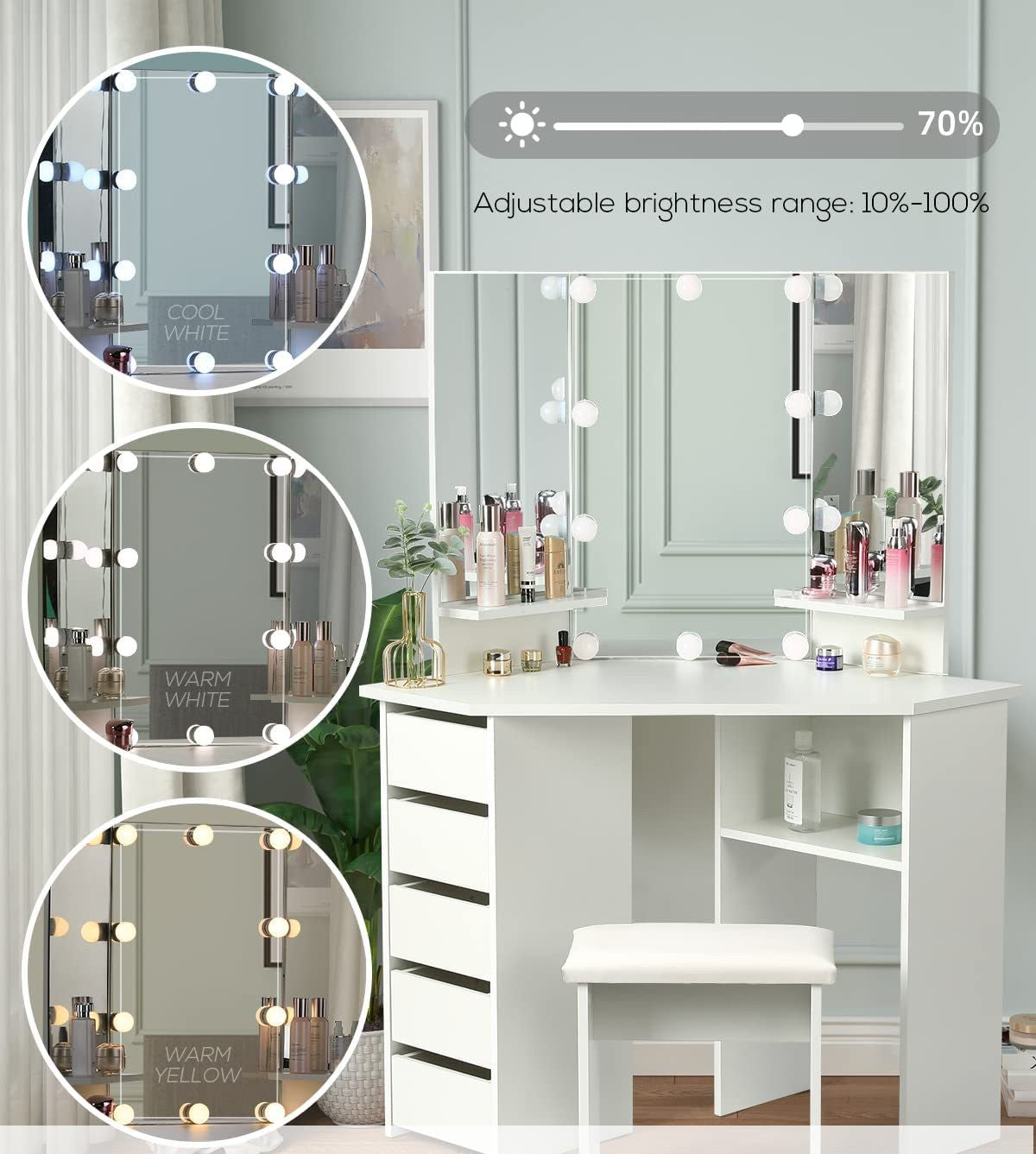 42" Tri-Mirror Corner Makeup Vanity Desk with Outlet, Lights, 5 Sliding Drawers Or Rotating Drawers, Come with Stool