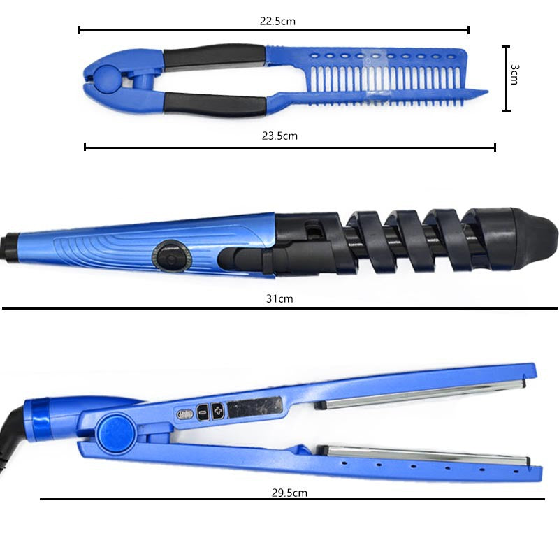 3pcs Blue Hairdressing Tools Set, Hair Straightener Flat Iron, Curling Iron, V Shaped Hair Comb, Multifunctional Hair Styling Tools For Barber Salon Home Use