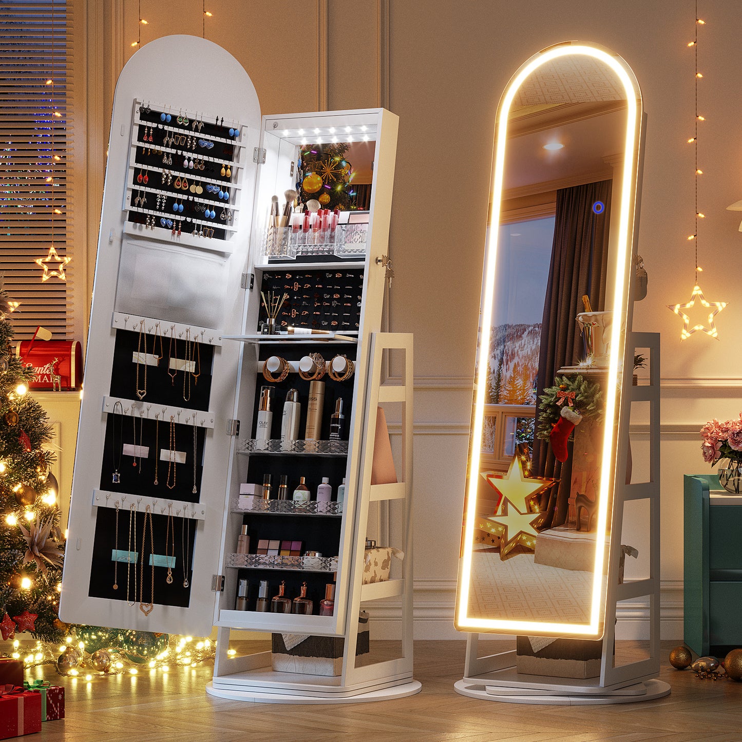 LED Jewelry Organizer with 360° Swivel, Lockable Full-Length Mirror Cabinet - Battery-Powered, Wooden Storage for Jewelry, Watches & Accessories