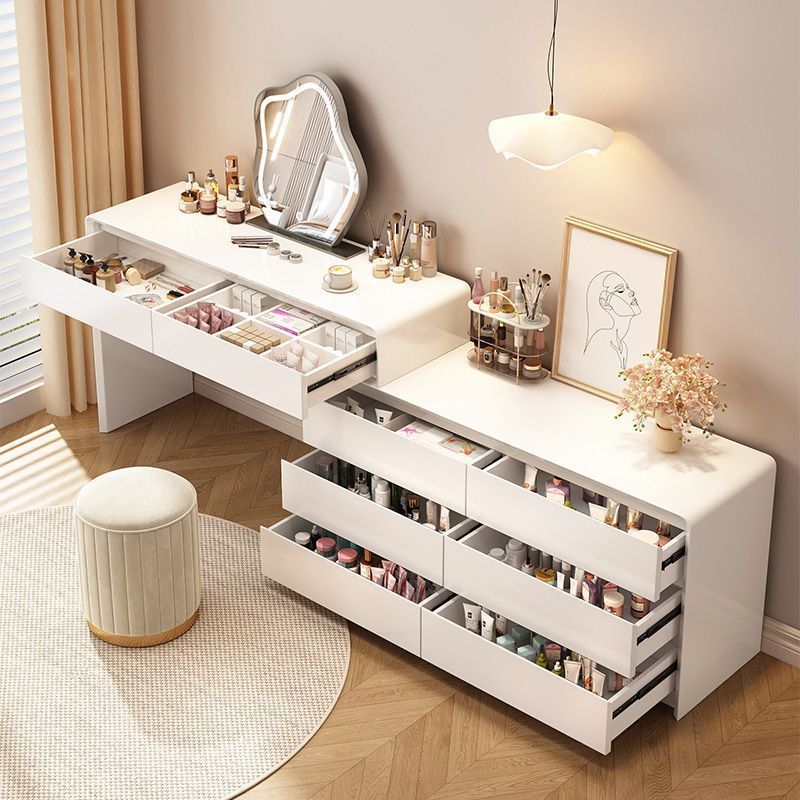 Vanity Desk with Mirror and Lights, Makeup Vanity with Glass Top, Dressing Table with 5 Drawers & Dresser & Jewelry Cabinet, 3 Color Lighting Modes, White