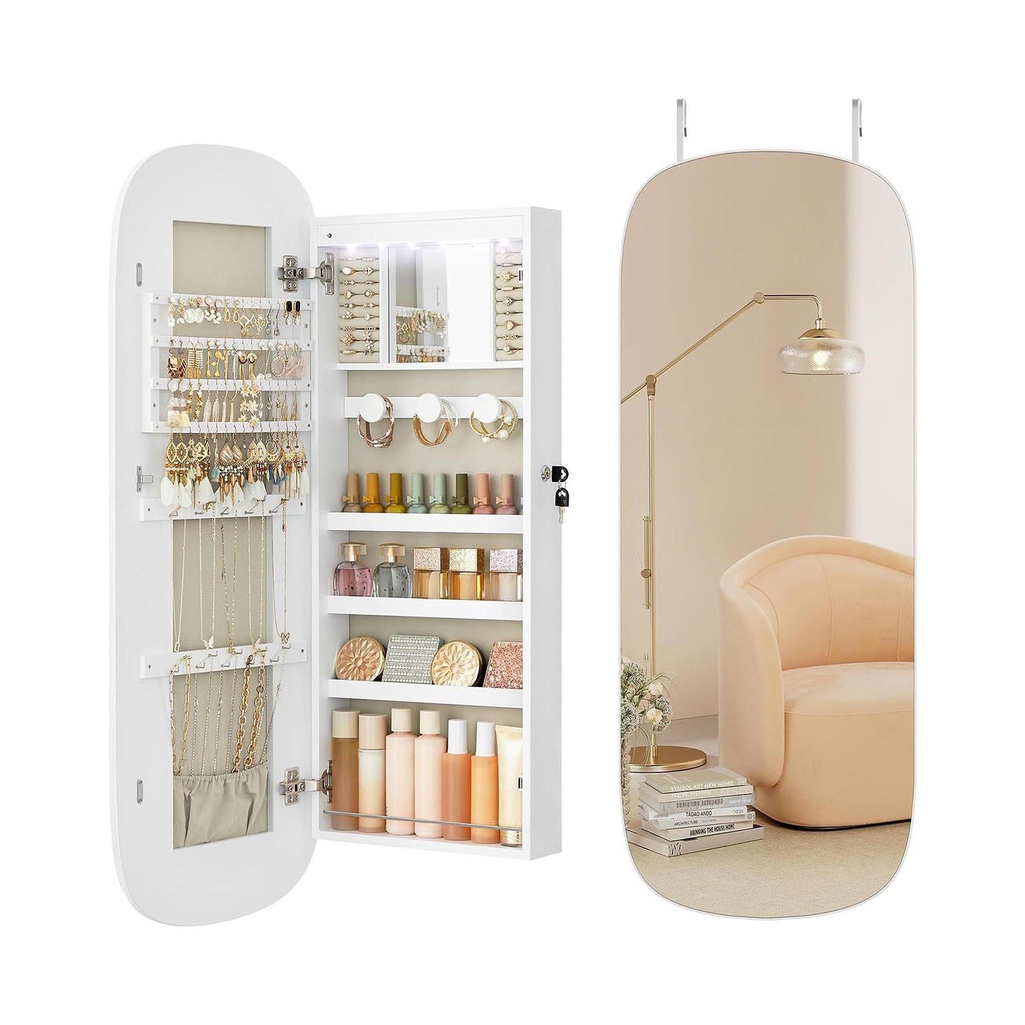 1pc LED Lighted Mirror Jewelry Cabinet, Full Length Hanging Organizer with Wall Mount/Over The Door, Non-Waterproof Glass, Multipurpose Use with Storage Shelves, Necklace & Earring Hooks, Storage Boxes for Organizing