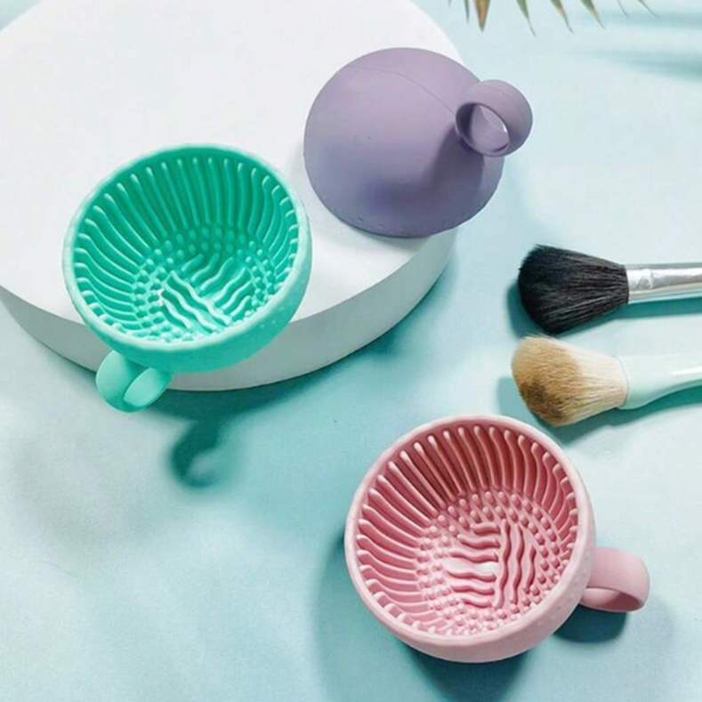 1pc Makeup Brush Cleaner Bowl, Solid Color Silicone Scrubber Pad, Silicone Makeup Brush Cleaning Bowl, Brush Cleaning Mat For Cleaning Eyebrow Facial Brow Blush Eye Brushes