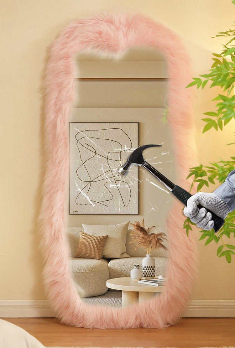 24"x63" Full Length Mirror Chic Pink Faux Fur Framed Leaning Hanging Wall Mirror Full Body Dressing Mirror for Cloakroom Bedroom