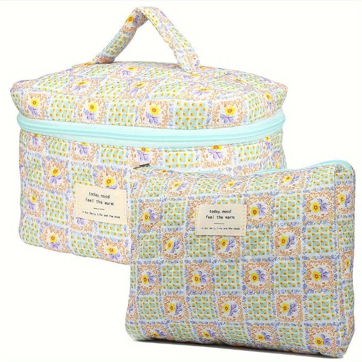 2PCS Cute Makeup Bag for Women, Travel Cosmetic Bags, Quilted Coquette Aesthetic Floral Toiletry Organizer Bag