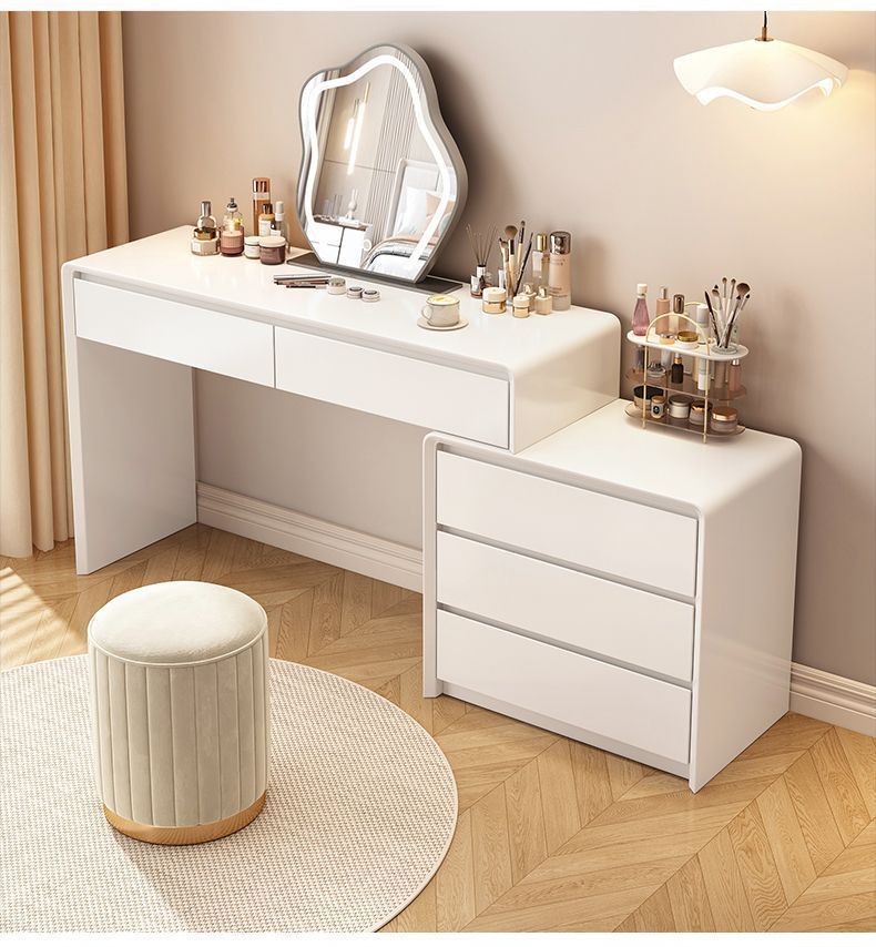 Vanity Desk with Mirror and Lights, Makeup Vanity with Glass Top, Dressing Table with 5 Drawers & Dresser & Jewelry Cabinet, 3 Color Lighting Modes, White