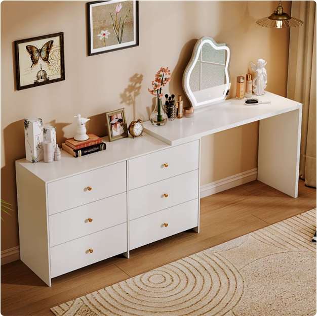 Vanity Desk With Mirror And With 3 Color Lighting Modes Adjustable Brightness, 6 Drawers Makeup Table For Bedroom Studio, 3-Sections Silent Slides Gift For Girls And Women, White Vanity