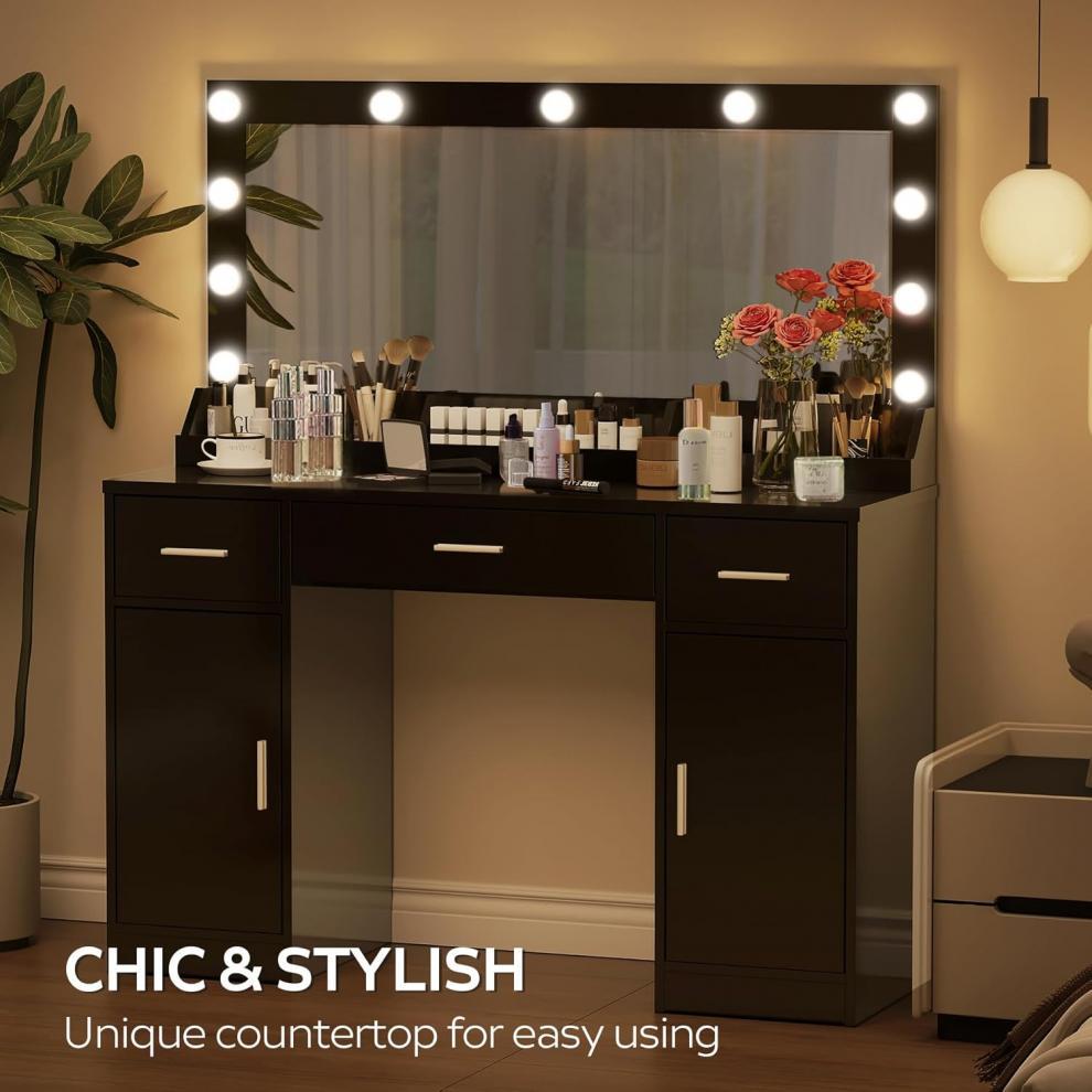 Meal Shaved Board with Three Amines 3 Drawers and 2 Doors Dressing Table Set with 12 Three-color Dimmable Light Bulbs, Socket and Glass Tabletop