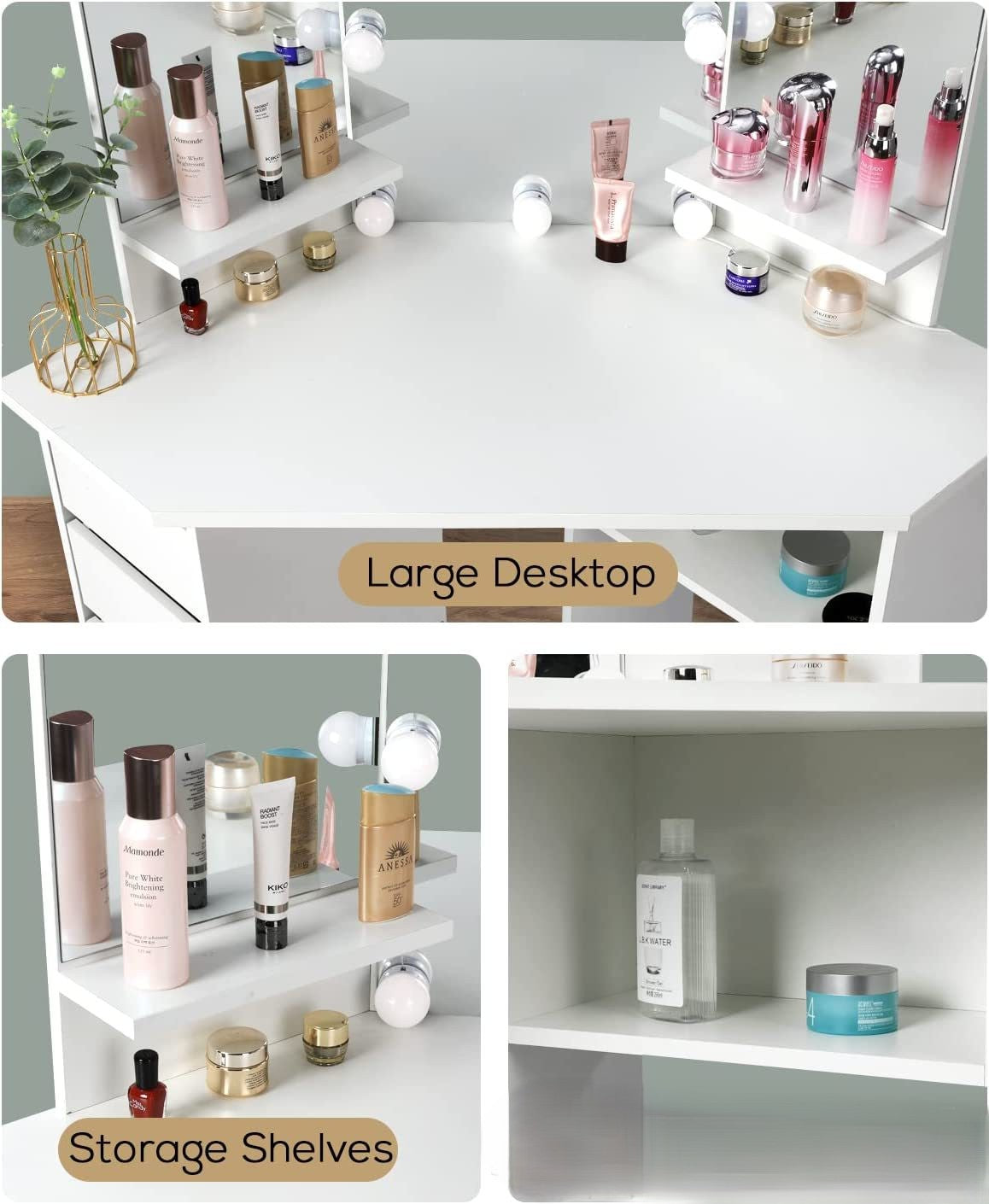 42" Tri-Mirror Corner Makeup Vanity Desk with Outlet, Lights, 5 Sliding Drawers Or Rotating Drawers, Come with Stool