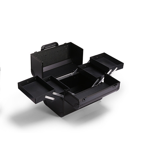 Professional Makeup Train Case with Adjustable 4-Tier Storage, Lockable Compartment - Red Metal Cosmetic Organizer for Women