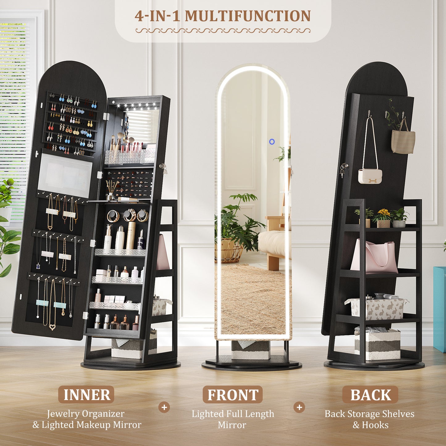 LED Jewelry Organizer with 360° Swivel, Lockable Full-Length Mirror Cabinet - Battery-Powered, Wooden Storage for Jewelry, Watches & Accessories