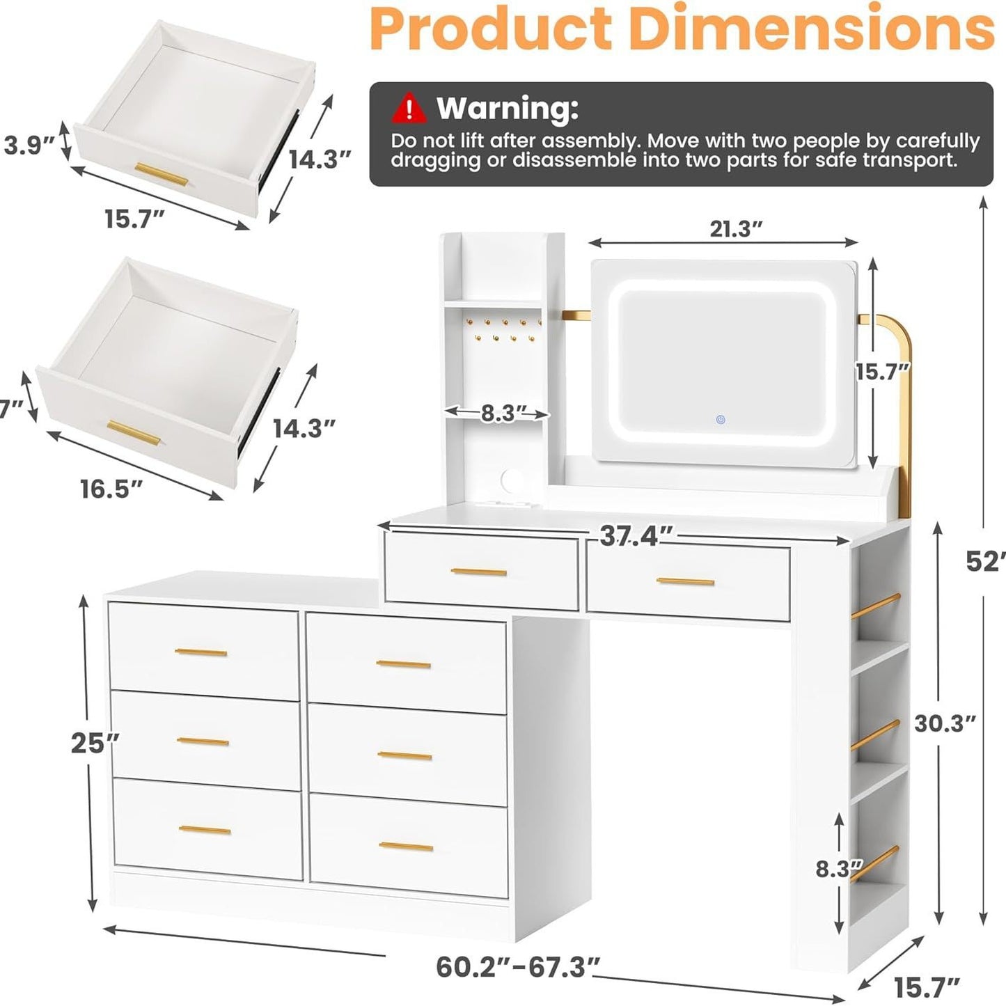 Makeup Desk With Mirror And Light, White Makeup Vanity With Charging Station, 8 Drawers, 3-tier Tabletop Shelves, 3 Side Shelves, White