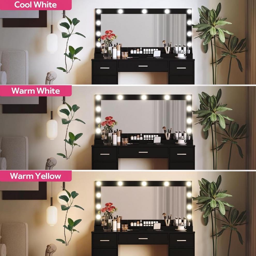 Meal Shaved Board with Three Amines 3 Drawers and 2 Doors Dressing Table Set with 12 Three-color Dimmable Light Bulbs, Socket and Glass Tabletop