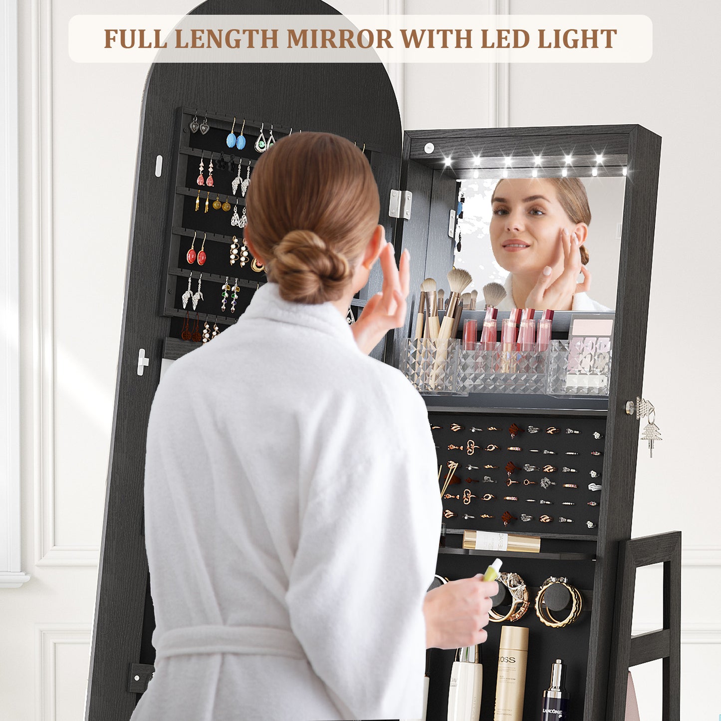 LED Jewelry Organizer with 360° Swivel, Lockable Full-Length Mirror Cabinet - Battery-Powered, Wooden Storage for Jewelry, Watches & Accessories