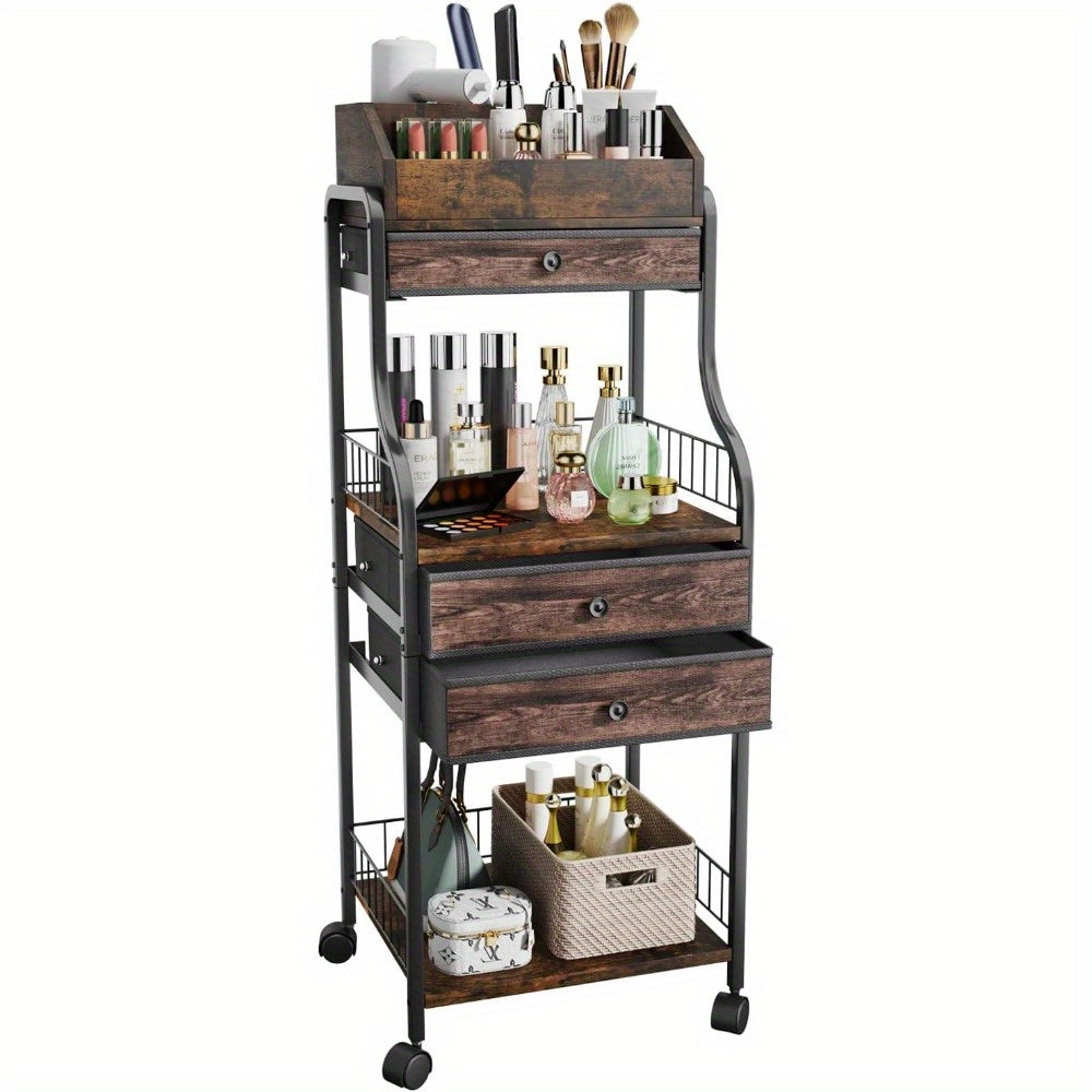 Floor standing cosmetic organizer, multifunctional storage cabinet with drawers on wheels.