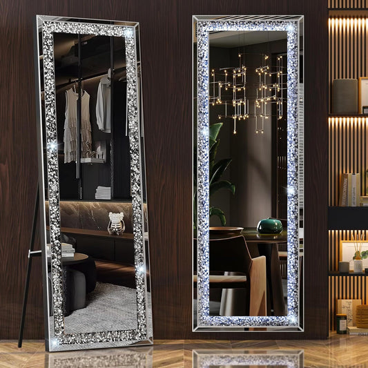 Full-Length Illuminated Mirror 63"x20" with Crystal Diamond Accents, Wall Mount or Lean Option - Elegant Black Frame, Ideal for Living Room, Bedroom, and Entryway Decor, Living Room Decor|Stylish Home Accessory|Lighted Mirror, Mirror Wall Decor