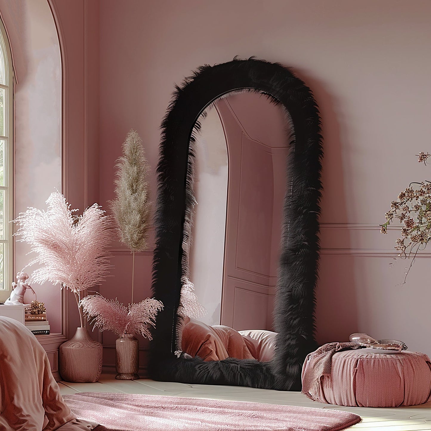 24"x63" Full Length Mirror Chic Pink Faux Fur Framed Leaning Hanging Wall Mirror Full Body Dressing Mirror for Cloakroom Bedroom