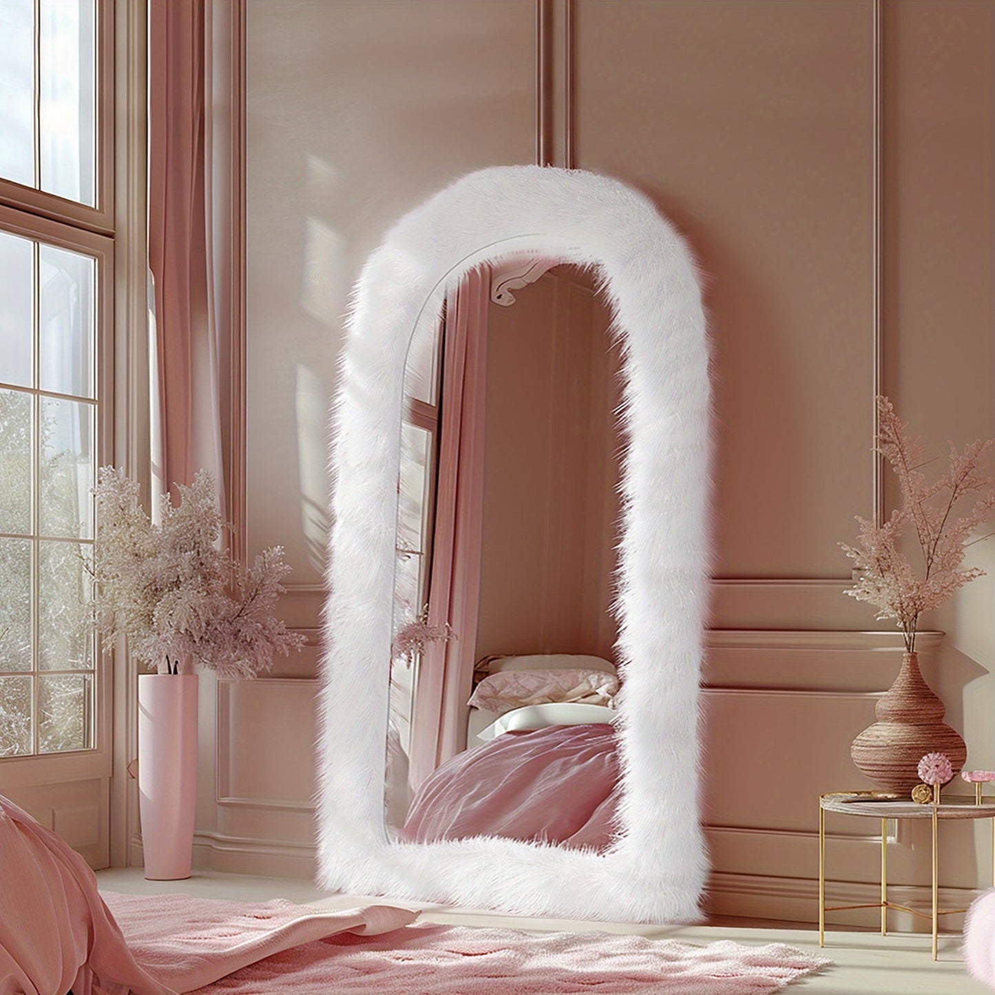 24"x63" Full Length Mirror Chic Pink Faux Fur Framed Leaning Hanging Wall Mirror Full Body Dressing Mirror for Cloakroom Bedroom