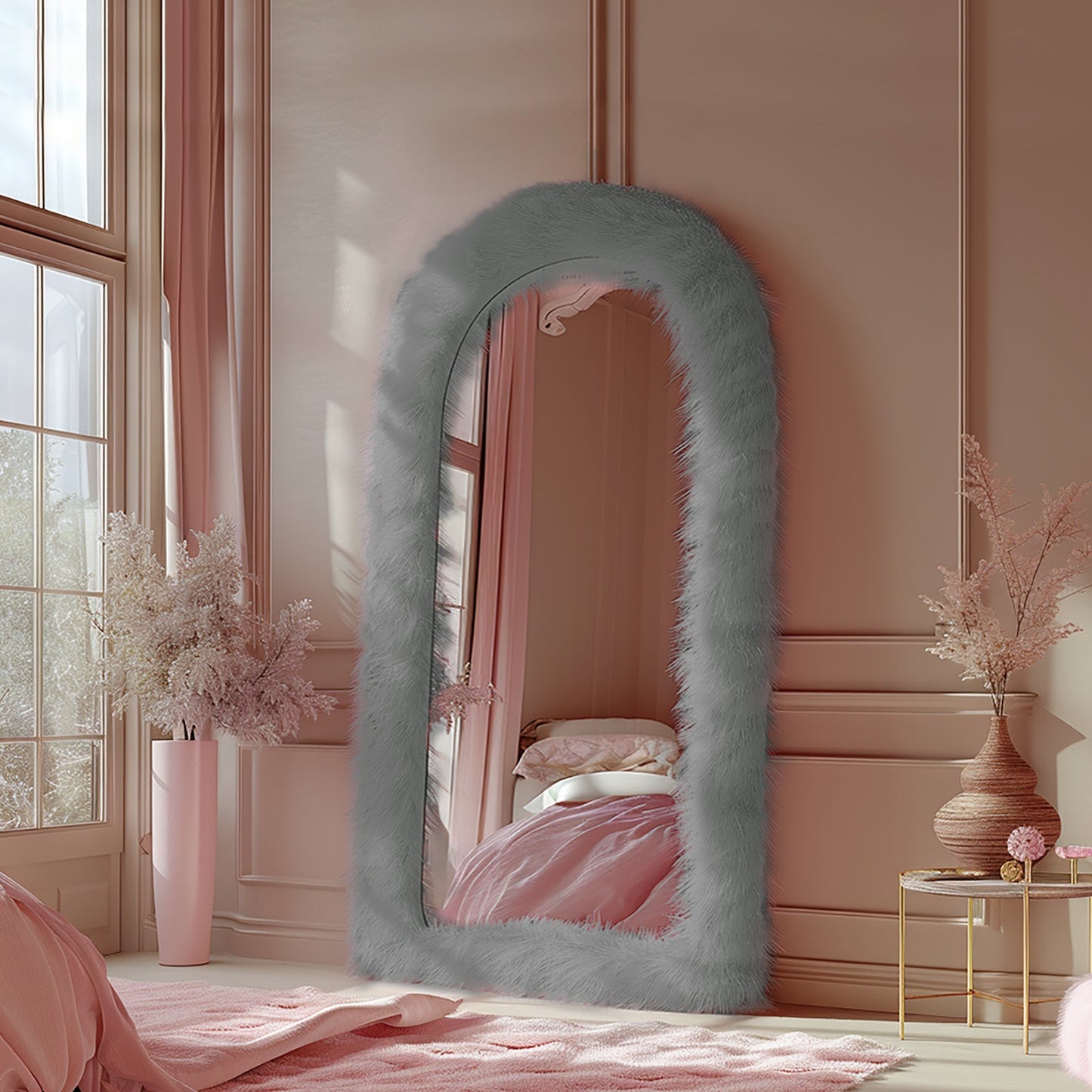 24"x63" Full Length Mirror Chic Pink Faux Fur Framed Leaning Hanging Wall Mirror Full Body Dressing Mirror for Cloakroom Bedroom