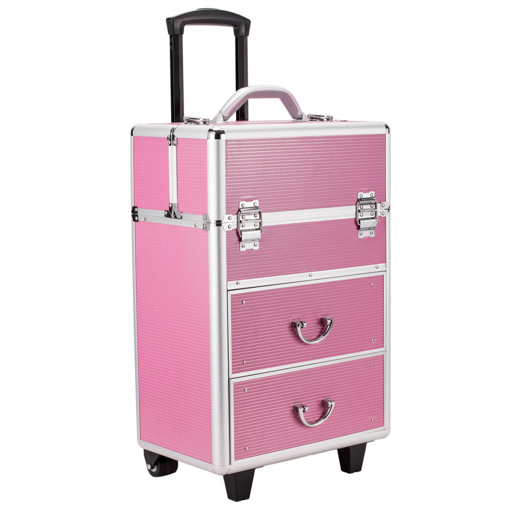 4 Tier Lockable Cosmetic Makeup Train Case with Extendable Trays Pink