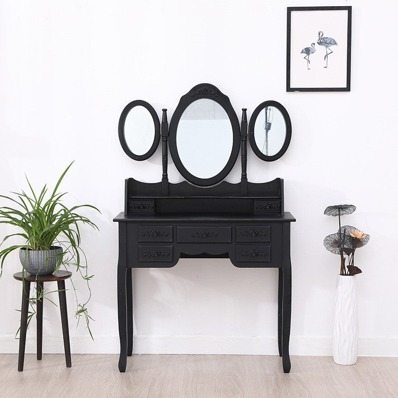 Vanity Makeup Set W/ 7 Drawers, Tri-Folding Mirror, Dressing Table & Stool Set