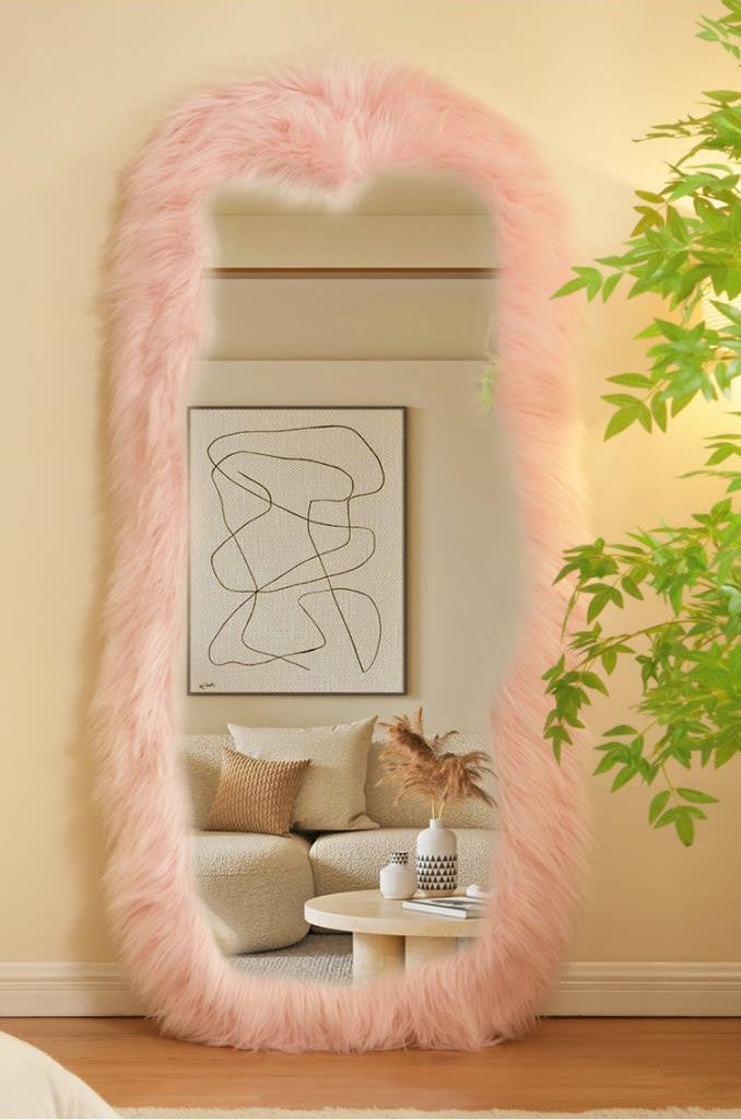 24"x63" Full Length Mirror Chic Pink Faux Fur Framed Leaning Hanging Wall Mirror Full Body Dressing Mirror for Cloakroom Bedroom