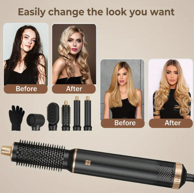 5-in-1 Hair Styling Kit: Powerful Blow Dryer, Detachable Brush, Straightener & Curler Wand with Nozzle - Includes Heat-Resistant Glove, 3 Temperature Settings for All Hair Types, UKLISS