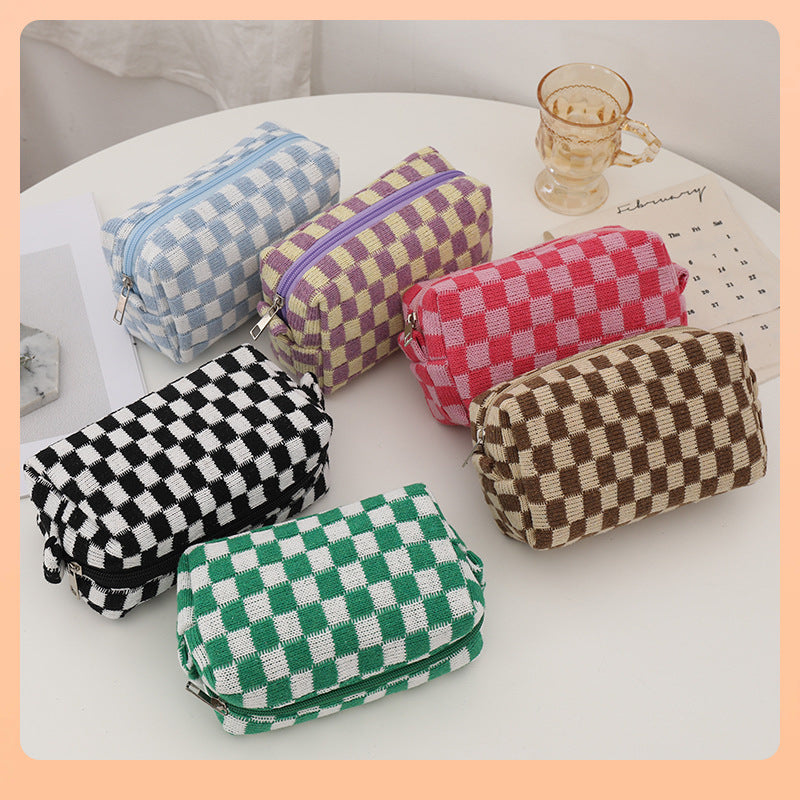 6pcs Checkerboard Knitted Cosmetic Organizer Set, Portable Makeup Brush Travel Cases, Toiletry Storage Pouches, No Power Required, Standalone Installation
