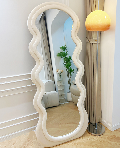 71"x30" Irregular Full Length Mirror, Large Full Body Freely Standing Mirror, Flannel Wave Floor Mirror with Stand for Bedroom, Living Room, Hanging or Against The Wall, White
