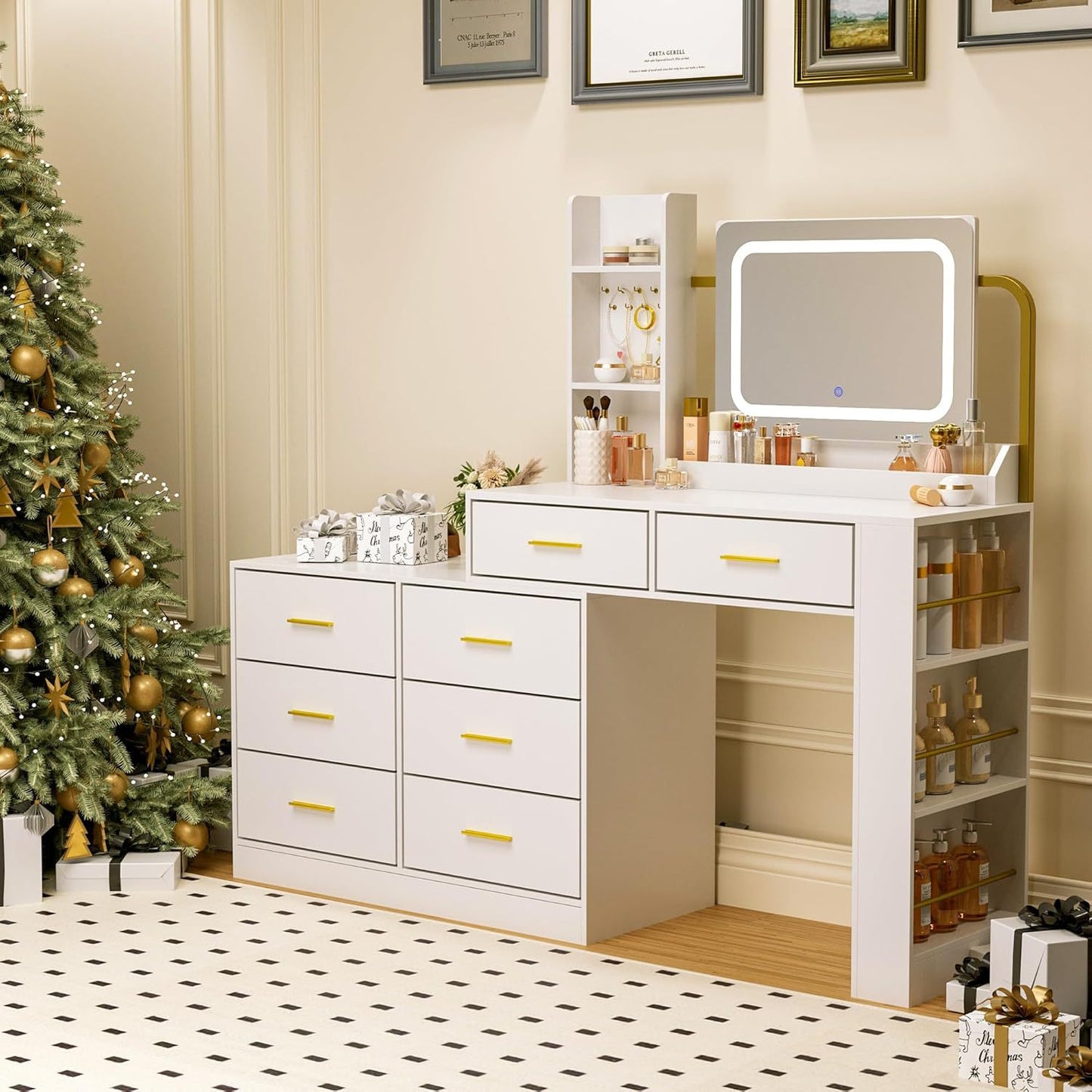 Makeup Desk With Mirror And Light, White Makeup Vanity With Charging Station, 8 Drawers, 3-tier Tabletop Shelves, 3 Side Shelves, White