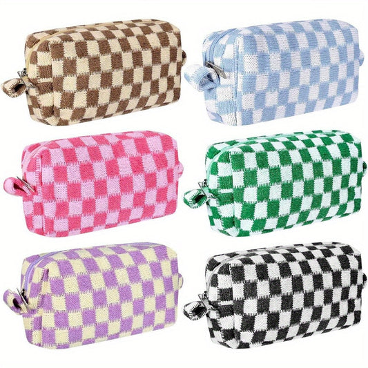 6pcs Checkerboard Knitted Cosmetic Organizer Set, Portable Makeup Brush Travel Cases, Toiletry Storage Pouches, No Power Required, Standalone Installation