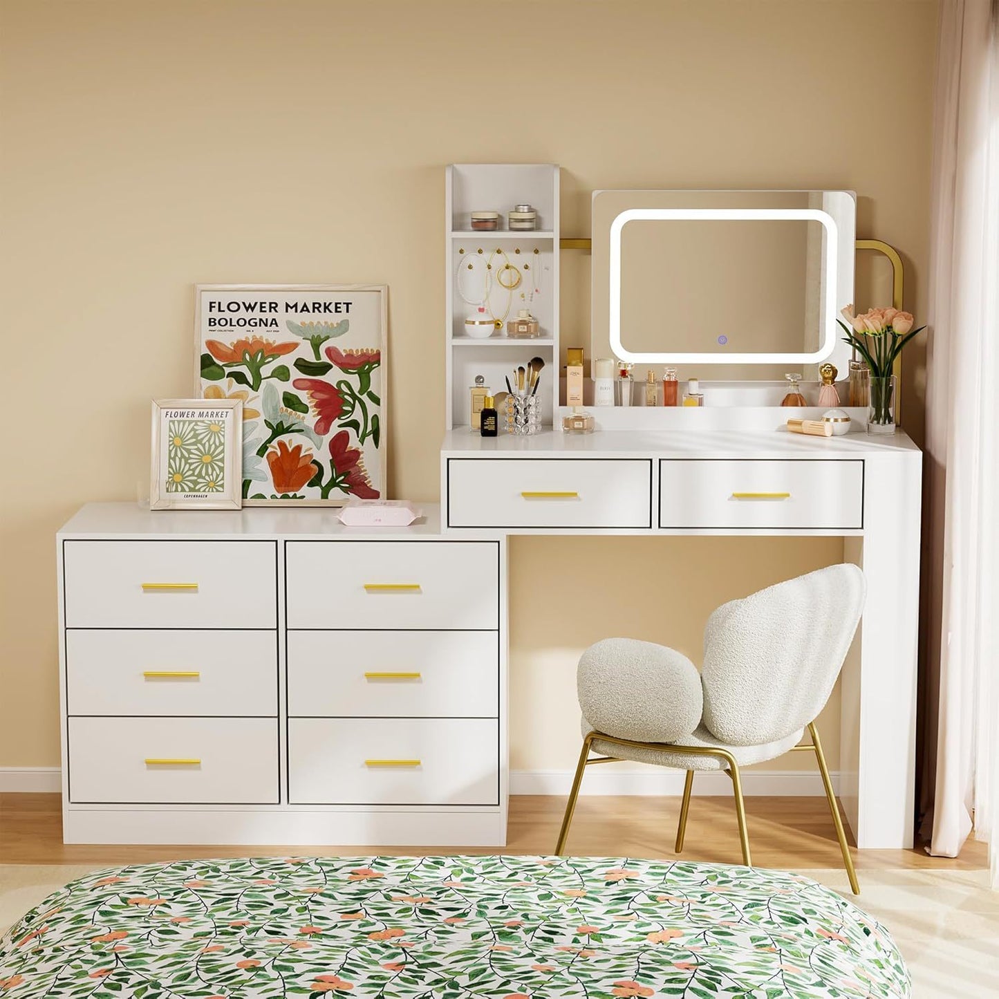 Makeup Desk With Mirror And Light, White Makeup Vanity With Charging Station, 8 Drawers, 3-tier Tabletop Shelves, 3 Side Shelves, White