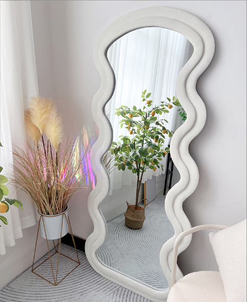 71"x30" Irregular Full Length Mirror, Large Full Body Freely Standing Mirror, Flannel Wave Floor Mirror with Stand for Bedroom, Living Room, Hanging or Against The Wall, White
