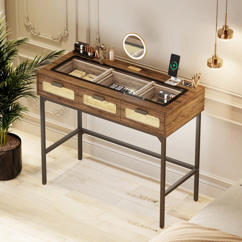 Makeup Vanity With LED Lights - Vanity Desk With Glass Top Design & Charging Station, Wooden Makeup Table With Rattan Drawers, Bedroom Furniture Dressing Table Office Desk