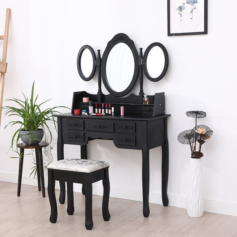 Vanity Makeup Set W/ 7 Drawers, Tri-Folding Mirror, Dressing Table & Stool Set