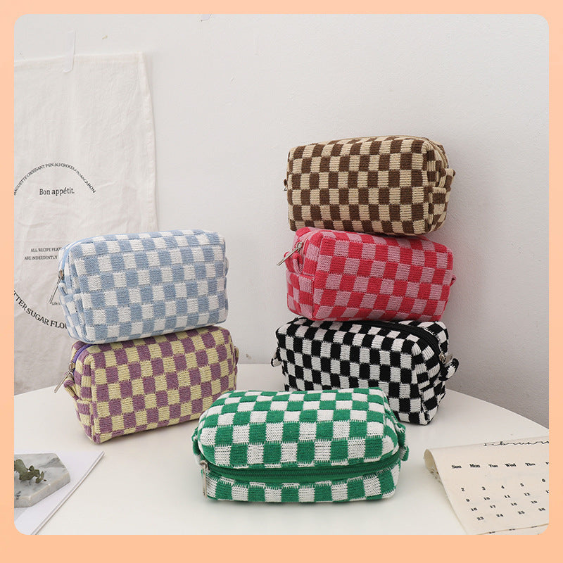 6pcs Checkerboard Knitted Cosmetic Organizer Set, Portable Makeup Brush Travel Cases, Toiletry Storage Pouches, No Power Required, Standalone Installation
