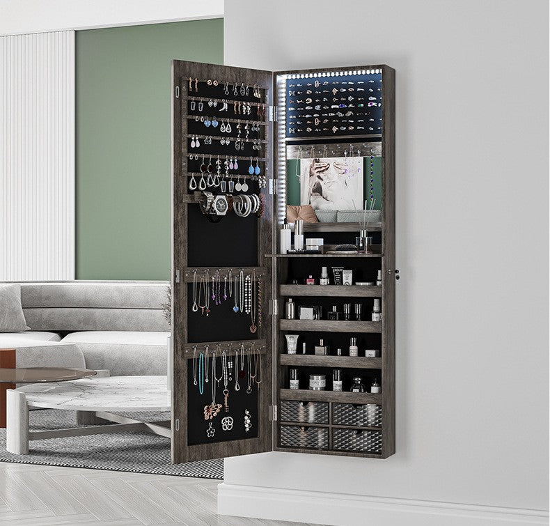 Rustic Wall-Mounted LED Jewelry Armoire with Full-Length Mirror - Large Capacity, Lockable Wooden Organizer for Bedroom & Cloakroom, Battery-Powered, Space-Efficient Storage with Anti-Oxidation Lining, Bedroom Decor