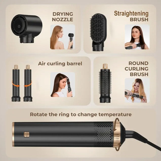 5-in-1 Hair Styling Kit: Powerful Blow Dryer, Detachable Brush, Straightener & Curler Wand with Nozzle - Includes Heat-Resistant Glove, 3 Temperature Settings for All Hair Types, UKLISS