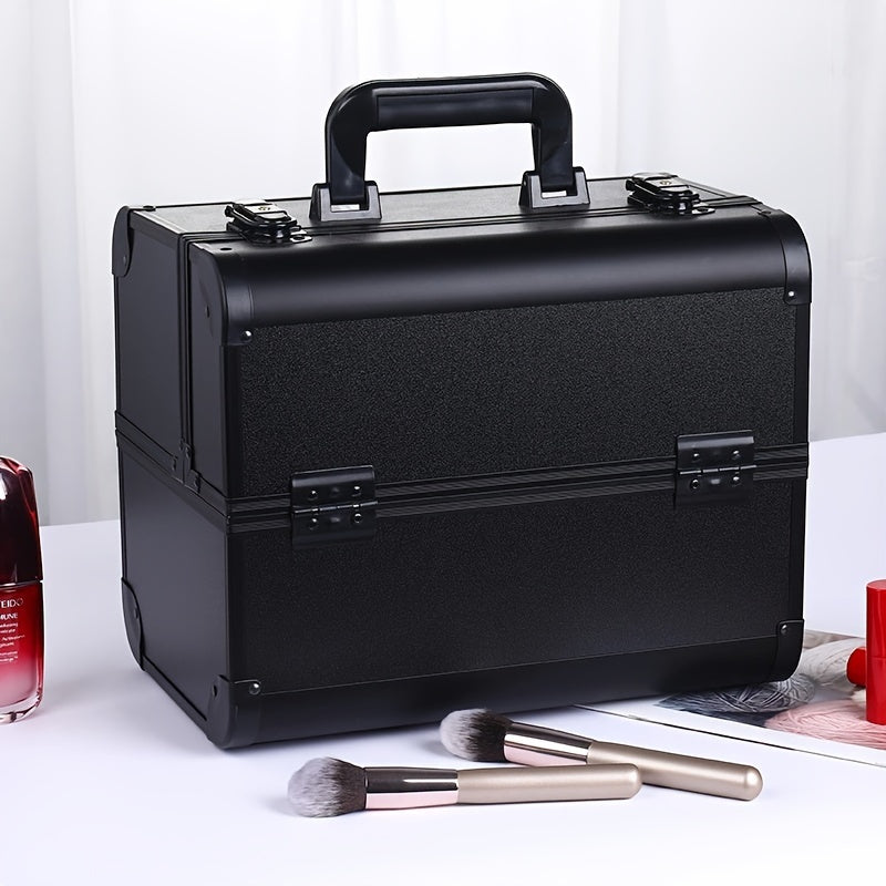 Professional Makeup Train Case with Adjustable 4-Tier Storage, Lockable Compartment - Red Metal Cosmetic Organizer for Women