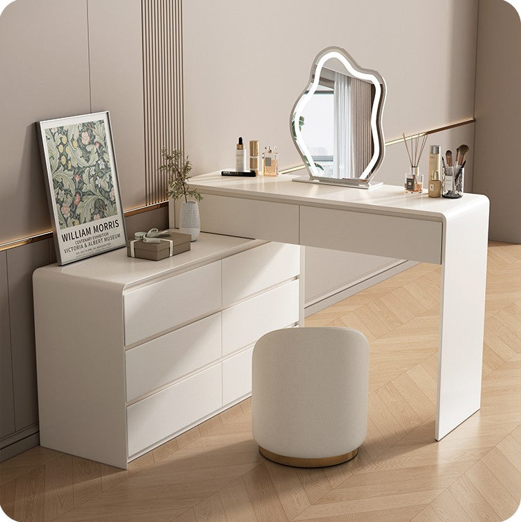 Vanity Desk with Mirror and Lights, Makeup Vanity with Glass Top, Dressing Table with 5 Drawers & Dresser & Jewelry Cabinet, 3 Color Lighting Modes, White