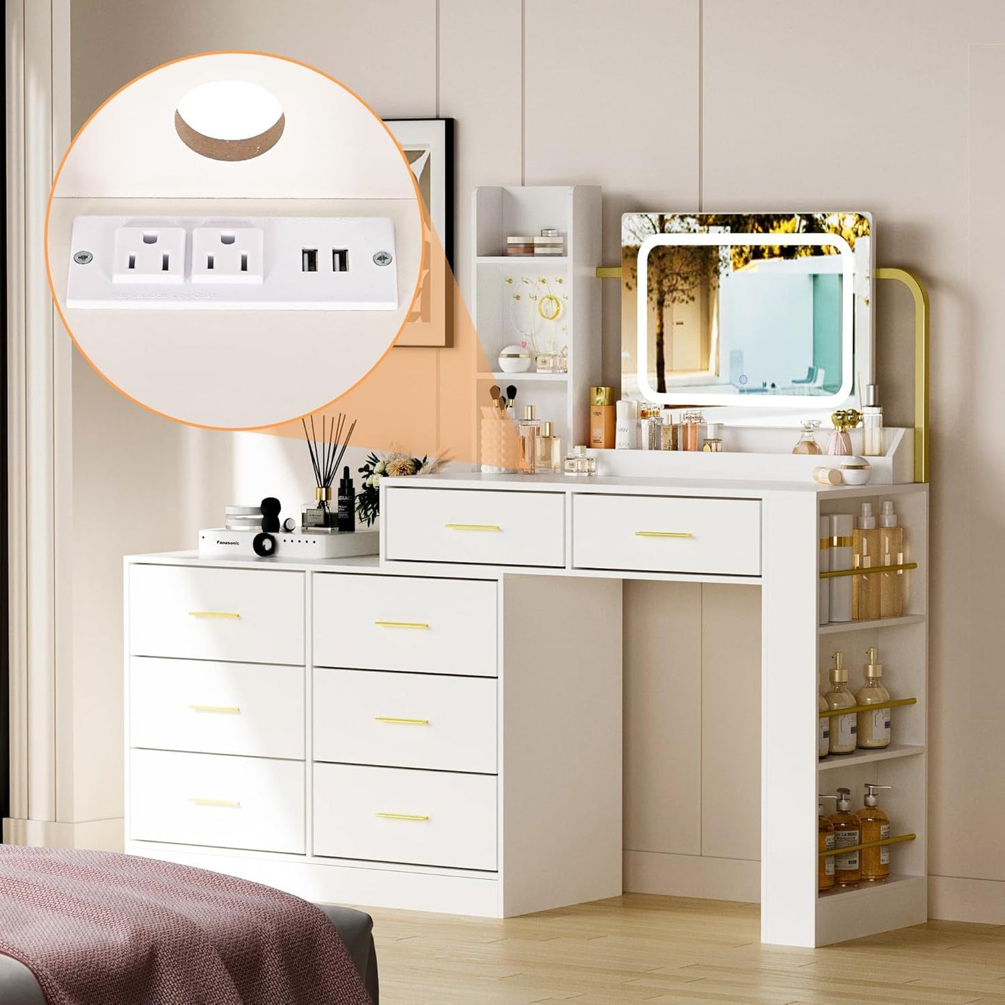 Makeup Desk With Mirror And Light, White Makeup Vanity With Charging Station, 8 Drawers, 3-tier Tabletop Shelves, 3 Side Shelves, White