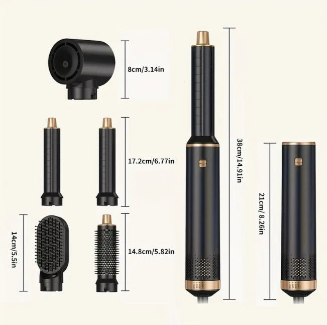 5-in-1 Hair Styling Kit: Powerful Blow Dryer, Detachable Brush, Straightener & Curler Wand with Nozzle - Includes Heat-Resistant Glove, 3 Temperature Settings for All Hair Types, UKLISS