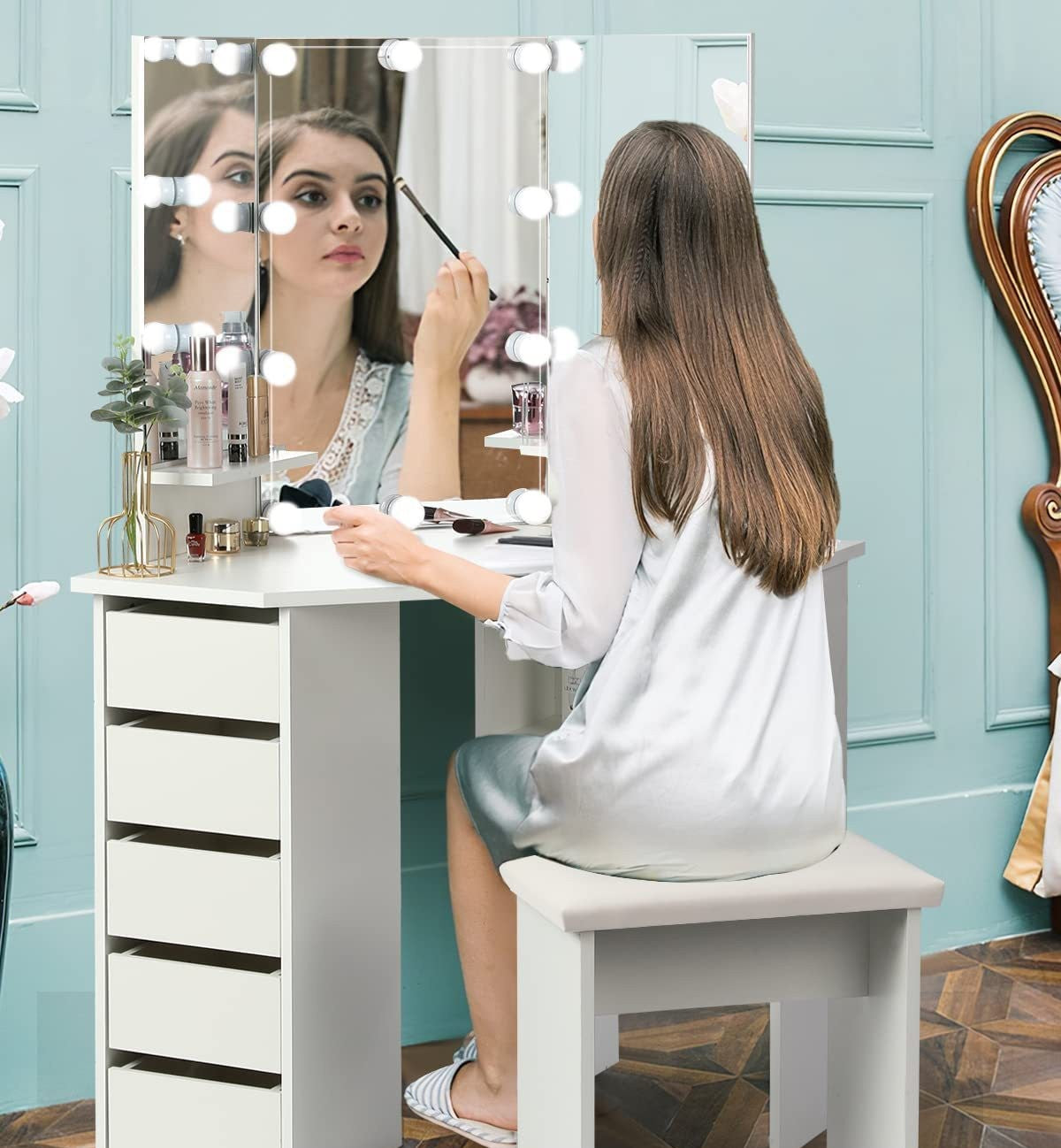 42" Tri-Mirror Corner Makeup Vanity Desk with Outlet, Lights, 5 Sliding Drawers Or Rotating Drawers, Come with Stool