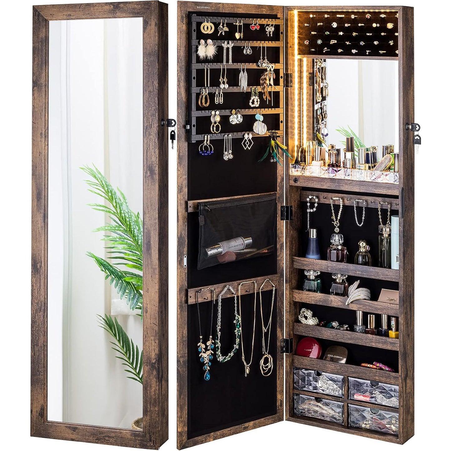 Rustic Wall-Mounted LED Jewelry Armoire with Full-Length Mirror - Large Capacity, Lockable Wooden Organizer for Bedroom & Cloakroom, Battery-Powered, Space-Efficient Storage with Anti-Oxidation Lining, Bedroom Decor
