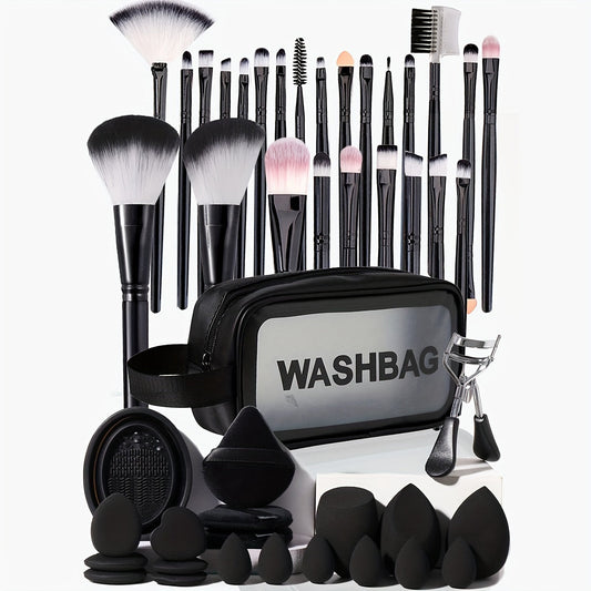 29 Complete Sets of Cosmetics Brush Tools, Equipped with Nylon Brush Head, ABS Plastic Handle, Neutral Wash Bag, Sponge Powder Puff, Moisture Proof Sleeve Butterfly Knot Hair Band Wrist Strap, Dry Cleaning Brush Cleaning Box, Palm Brush - a Complete