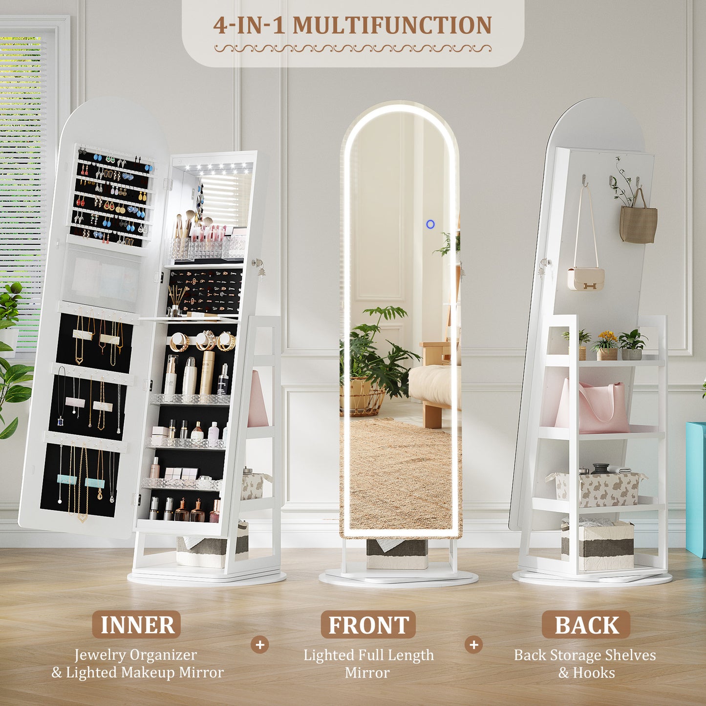 LED Jewelry Organizer with 360° Swivel, Lockable Full-Length Mirror Cabinet - Battery-Powered, Wooden Storage for Jewelry, Watches & Accessories